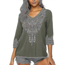 (X-Large, Grey) Mexican Embroidered Shirts For Women Boho Tops And Blouses 3/4 Sleeve Bohemian Peasant Summer Fall Tunic Top