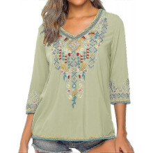 (XX-Large, Light Gray) Mexican Embroidered Shirts For Women Boho Tops And Blouses 3/4 Sleeve Bohemian Peasant Summer Fall Tunic Top