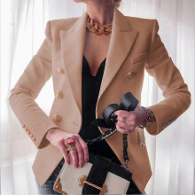 (L, Khaki) Women's Suit Short Jacket Solid Color Business Commuter Jacket Daily Wear