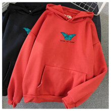 (M, Red) Unisex Butterfly Printed Hoodie Fashion Winter Sweatshirt with Front Pocket