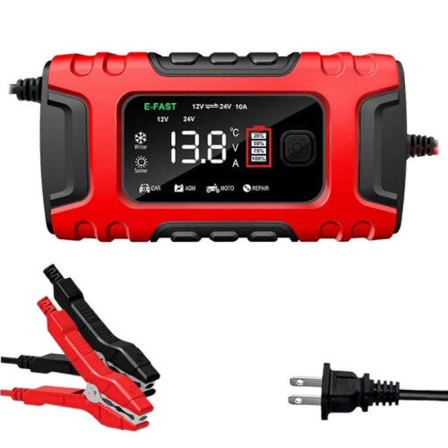 (Red) Battery Charger Battery Maintainer Fully Automatic with LCD Display Trickle 1