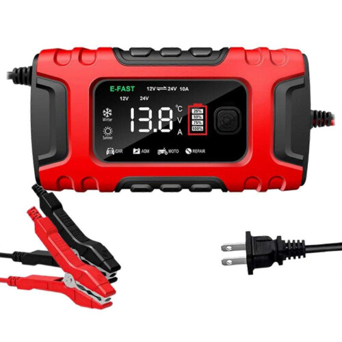 (Red) Battery Charger Battery Maintainer Fully Automatic with LCD Display Trickle 2