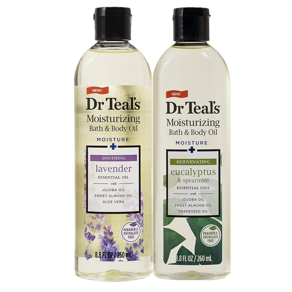 Dr. Teals Bath & Body Oil Variety Gift Set (2 Pack 8.8oz Ea.) - Soothing Lavender & Rejuvenating Eucalyptus & Spearmint - Essential Oils Hydrate
