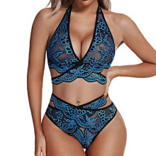 (XL, blue) Sexy Lace Underwear Set Floral Lace Bralette And Panty Babydoll Outfits