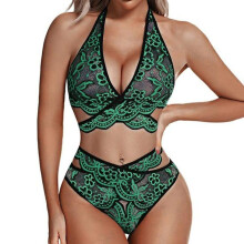 (S, green) Sexy Lace Underwear Set Floral Lace Bralette And Panty Babydoll Outfits