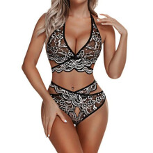 (L, silver) Sexy Lace Underwear Set Floral Lace Bralette And Panty Babydoll Outfits