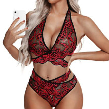 (XL, wine red) Sexy Lace Underwear Set Floral Lace Bralette And Panty Babydoll Outfits