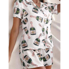(S) Champagne Bottles Button Pajama Set Women Printed Short Sleeve 2 Pieces Soft Loose Casual Sleepwear
