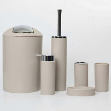 (beige) 6PCS Bathroom Accessories Set Tumbler, Toothbrush Holder, Lotion Dispenser, Soap Dish, Trash Can, Toilet Brush-GOOD