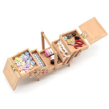 1:12 Miniature Wooden Multi- Antique Sewing Supplies Box with Needle Scissors Knitting Tool Tailor