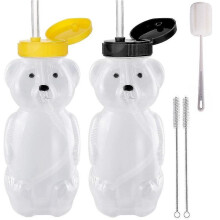 2 Pack Honey Bear Straw Cups with 2 Flexible Straws & Cleaning Tools(2 Straw Brushes &1 Bottle Brush), 8oz Bottles
