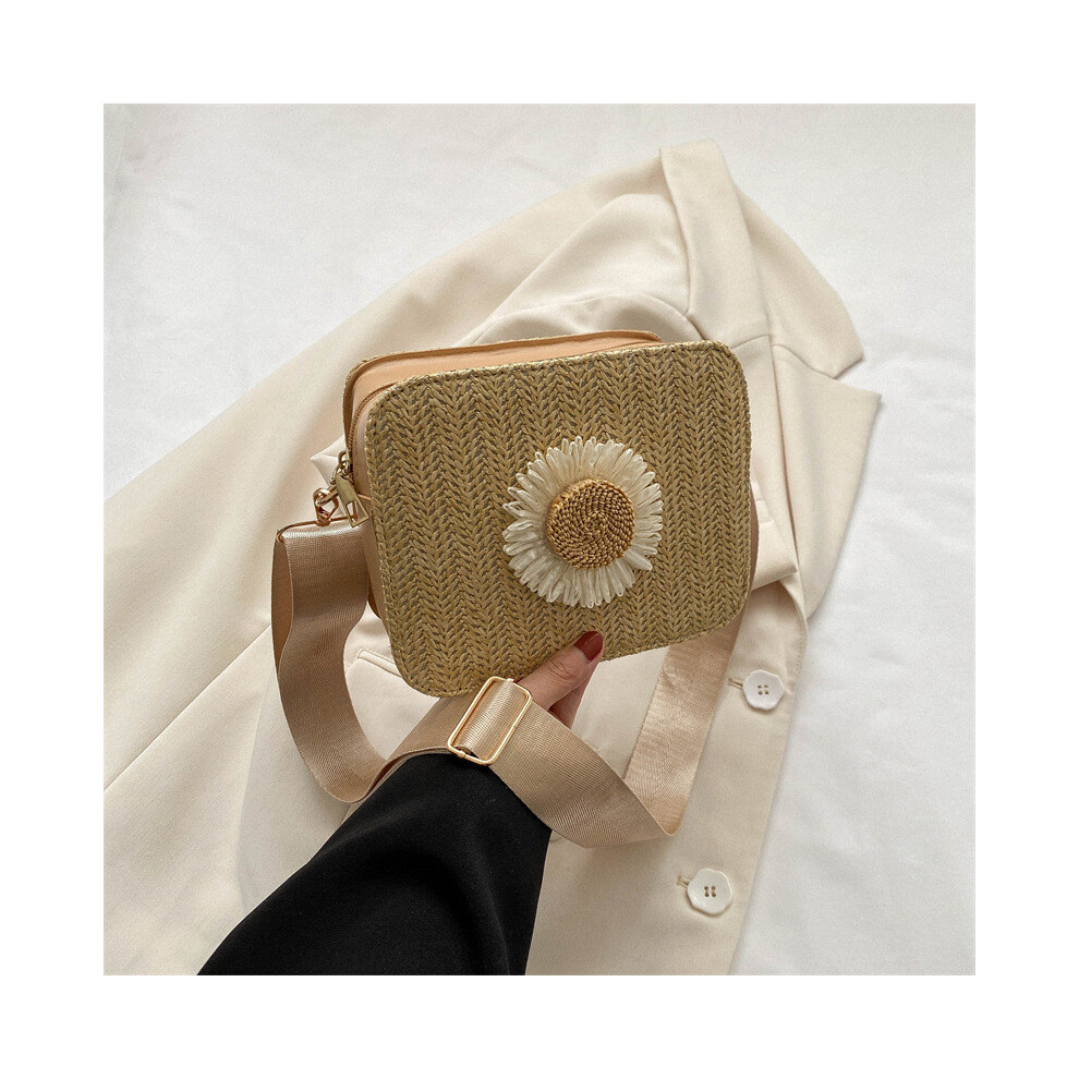 (Khaki) Flower Elegant Woven Crossbody Bag Beautiful Medium Size Everyday Use Handbag-image-OPC-PJ9FXVJ-NEW