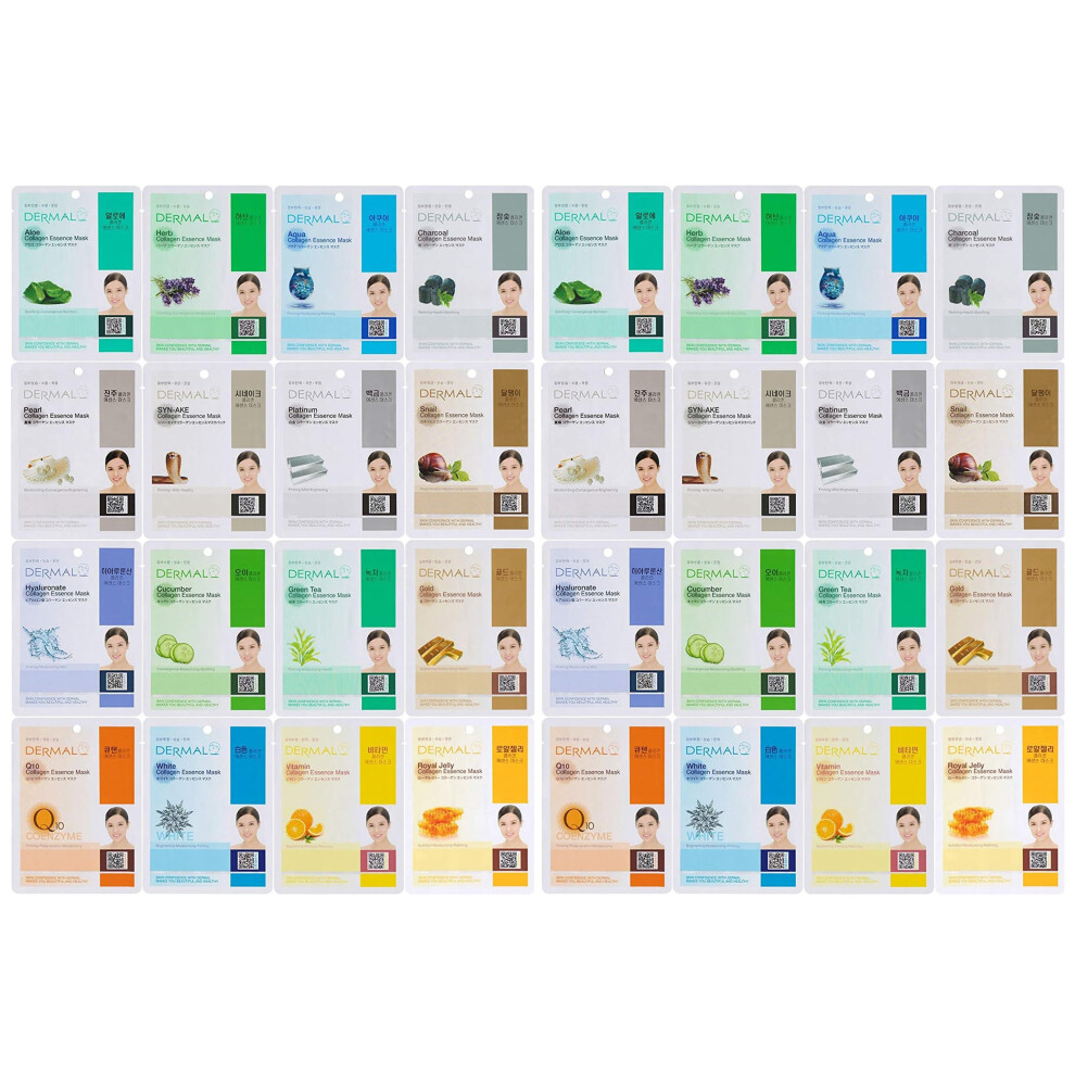 Dermal 32 Combo Pack Collagen Essence Korean Face Mask - Hydrating & Soothing Facial Mask With Panthenol - Hypoallergenic Self Care Sheet Mask For All