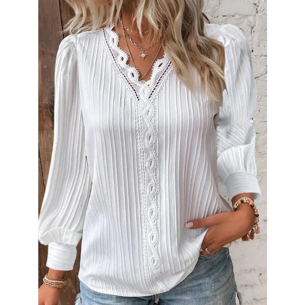 (L, white) Spring Autumn Long Sleeved V-neck Lace Splicing Shirt Office Fahsion Long Sleeve Blouse Female Loose Plus Size Casual Solid Color Women's Clothing