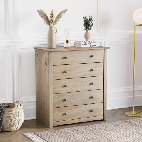 Vida Designs Panama 5 Drawer Chest Rustic Pine Bedroom Storage