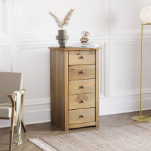 Panama 5-Drawer Narrow Chest - Solid Pine, Oak Finish, Space-Saving Storage for Small Rooms (H89 x W46 x D40 cm) | Product Code: 333432