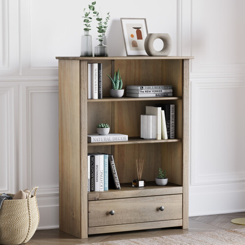 Vida Designs Panama 1 Drawer Bookcase Solid Pine Oak Finish
