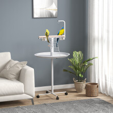 PawHut Bird Table with Four Wheels, Perches, Stainless Steel Bowls, Round Tray