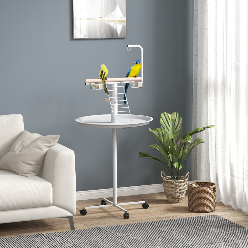 Pawhut Bird Table With Four Wheels, Perches, Stainless Steel Bowls, Round Tray