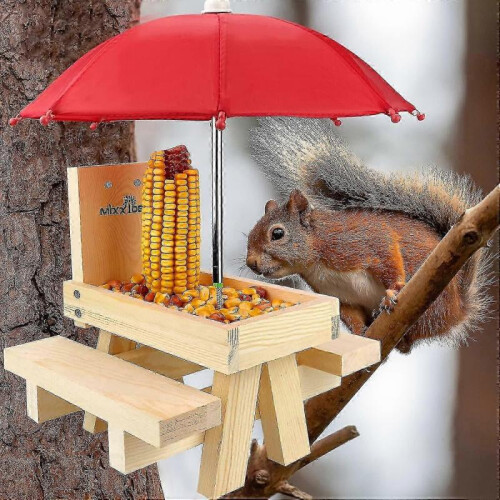 Squirrel Feeder Table with Umbrella, Wooden Squirrel Picnic Table Feeder, Durable Squirrel Feeder Corn Cob Holder 1