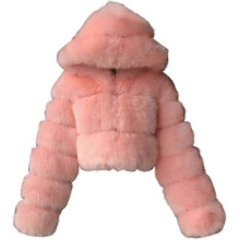 (3X-Large, Pink) Faux Fur Coat Women With Hood Cropped Bubble Coats Fleece Short Warm Jackets Plus Size Winter Coats For Women