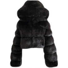 (Large, Black) Faux Fur Coat Women With Hood Cropped Bubble Coats Fleece Short Warm Jackets Plus Size Winter Coats For Women