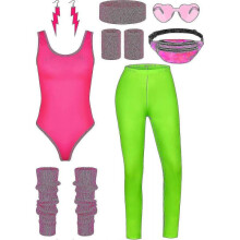 (Large, Fluorescent Green) 8 Pieces Women 80s Workout Costume Halloween 90s Outfit Accessories Set Leotard Bum Bag Glasses Headband Leg Warmers