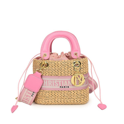 (Pink, Small) One-shoulder straw crossbody versatile handbag