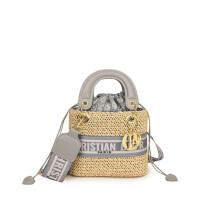(Grey, Small) One-shoulder straw crossbody versatile handbag