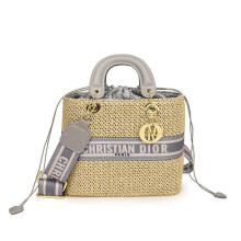 (Grey, Large) One-shoulder straw crossbody versatile handbag