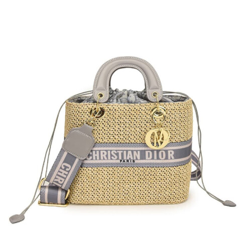 (Grey, Large) One-shoulder straw crossbody versatile handbag