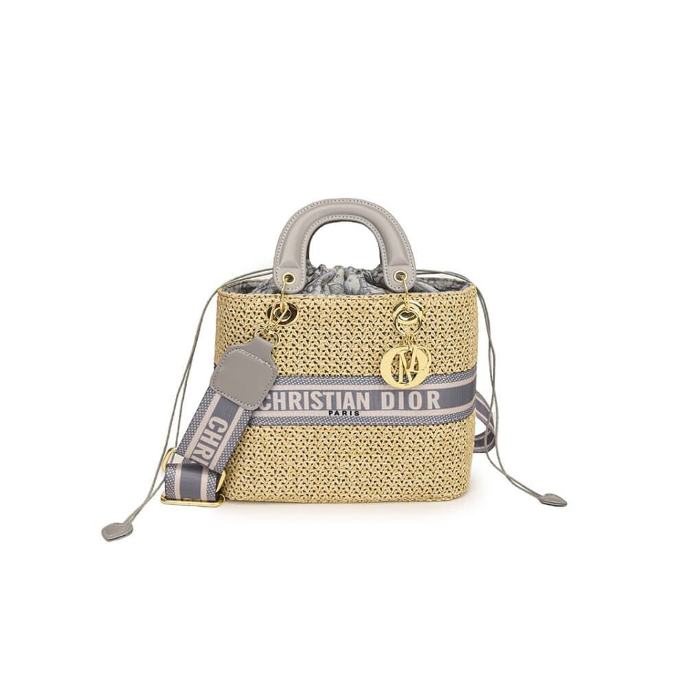(Grey, Large) One-Shoulder Straw Crossbody Versatile Handbag Pink,Grey
