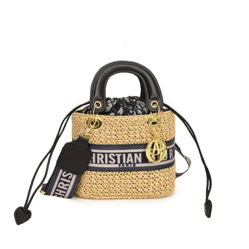 (Black, Small) One-shoulder straw crossbody versatile handbag