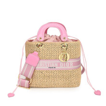 (Pink, Large) One-shoulder straw crossbody versatile handbag