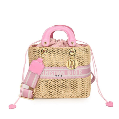(Pink, Large) One-shoulder straw crossbody versatile handbag