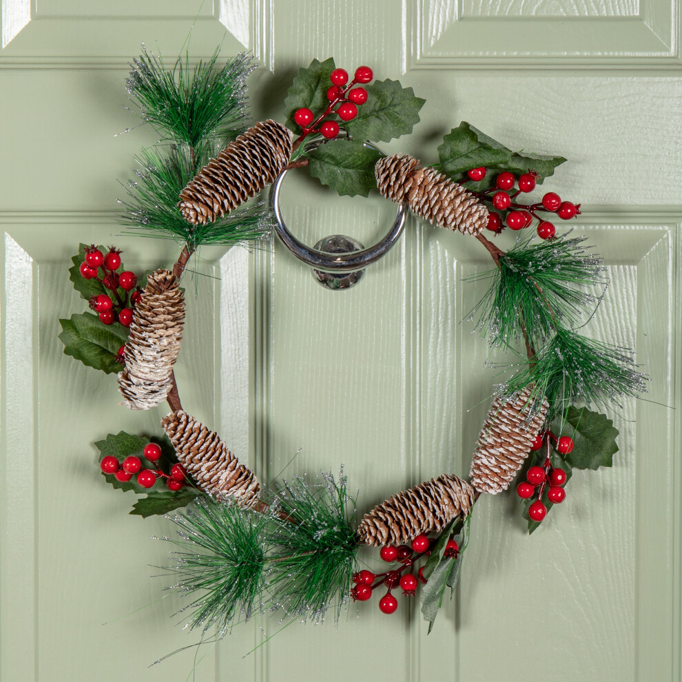 Red 40Cm Hanging Christmas Wreath With Berries And Pinecones - Image 6