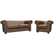 Astor Chesterfield Style Sofa Set 2+1 Seater Brown Faux Leather