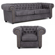 Astor Chesterfield Style Sofa Set 3+1 Seater Grey Faux Leather