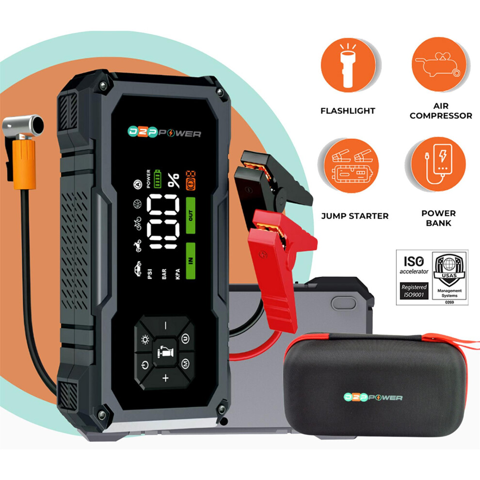 PORTABLE CAR JUMP STARTER WITH 150 PSI AIR COMPRESSOR 7200MAH POWER BANK USB-image-OPC-PHZHTDB-NEW