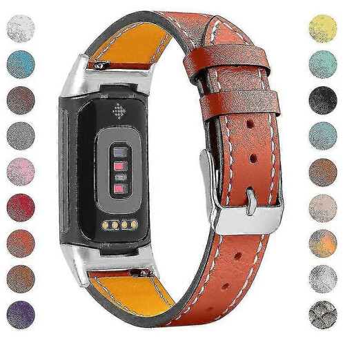 (Orange,Fitbit Charge 6)Premium Genuine Leather Adjustable Strap Watch Band For Fitbit Charge 6/5