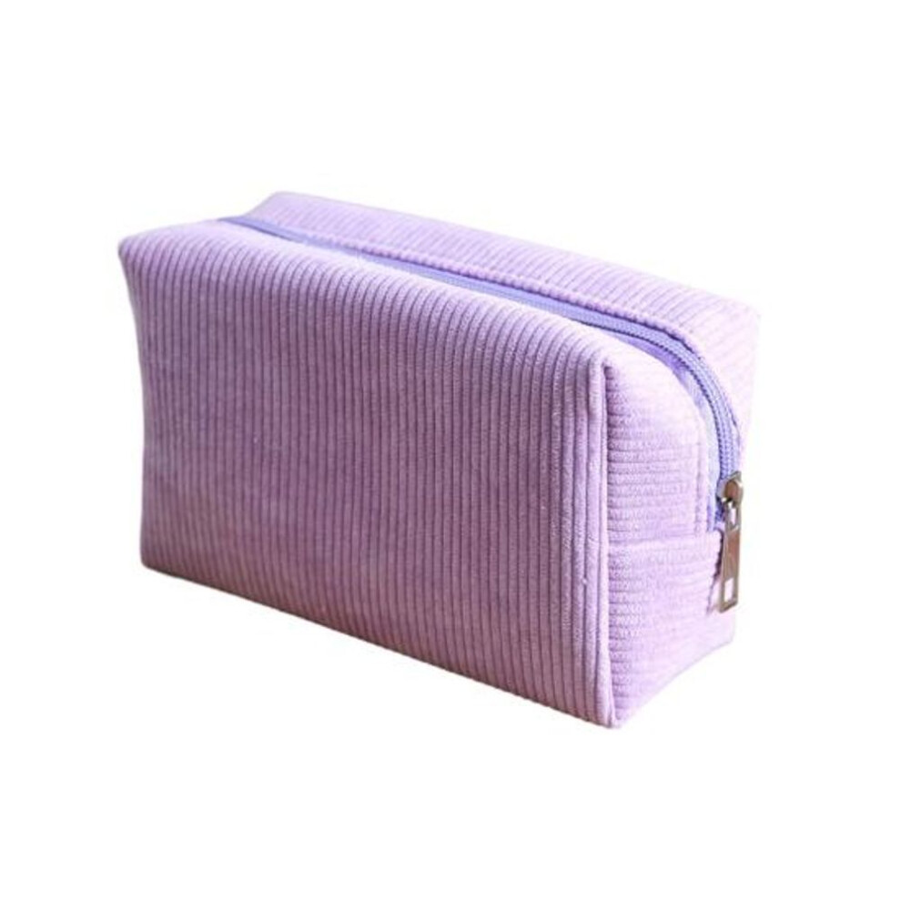 (purple) Corduroy Makeup Bag Travel Toiletry Organizer Clutch Portable Solid Color Cosmetic