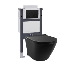Nes Home Wall Hung Rimless Black Toilet, Cistern Frame Black Round Flush Button