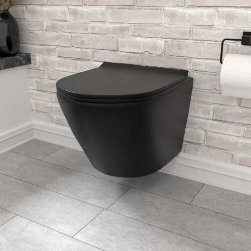 NES Home Nes Home Wall Hung Rimless Black Toilet, Cistern Frame Black Round Flush Button 1