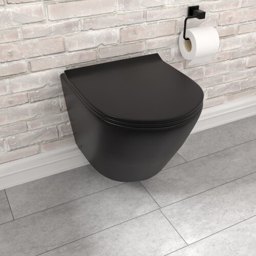 NES Home Nes Home Wall Hung Rimless Black Toilet, Cistern Frame Black Round Flush Button 2