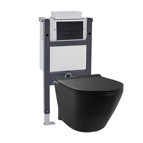 NES Home Nes Home Wall Hung Rimless Black Toilet, Cistern Frame Rectangle Black Button