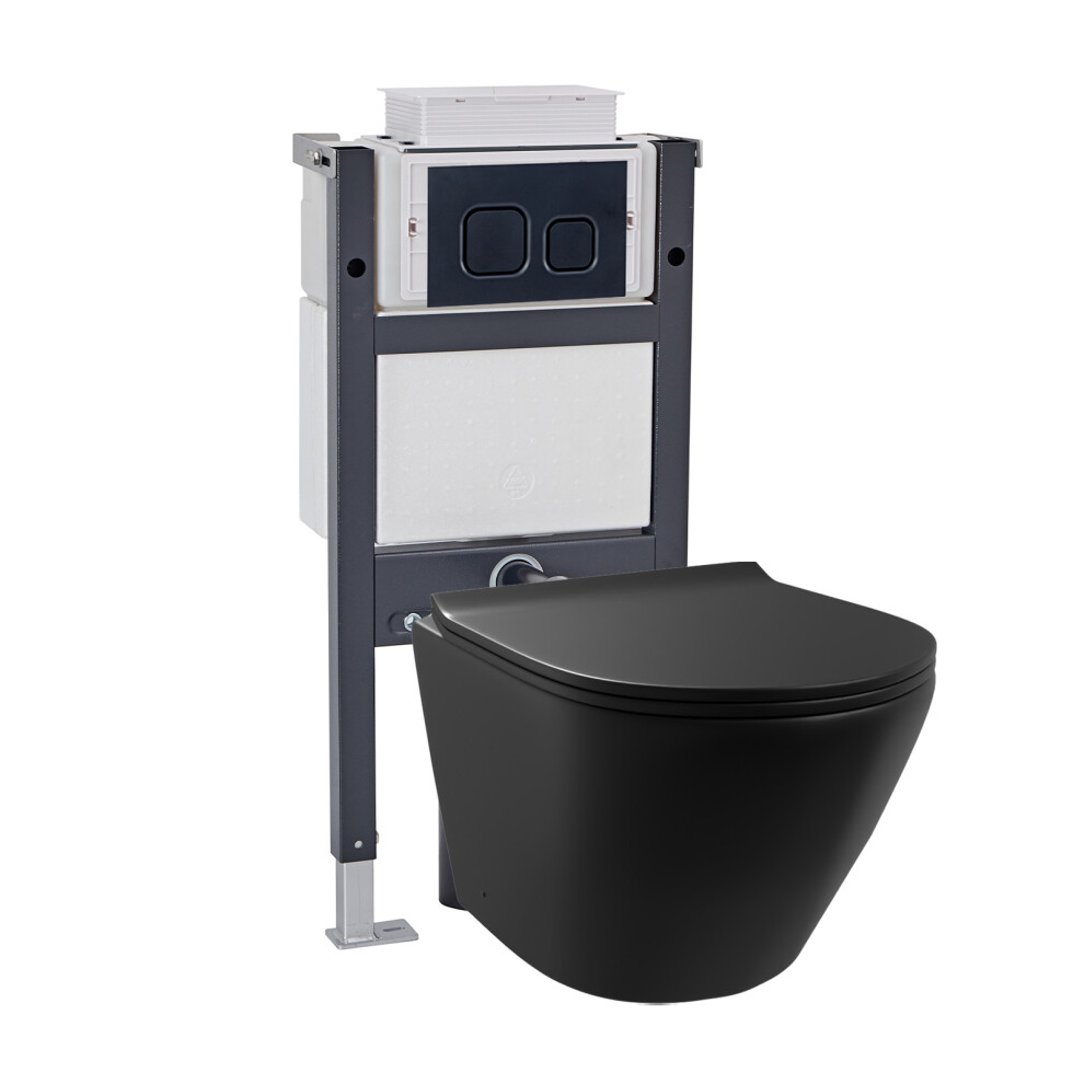 Nes Home Wall Hung Rimless Toilet, Cistern Frame Square Button Black