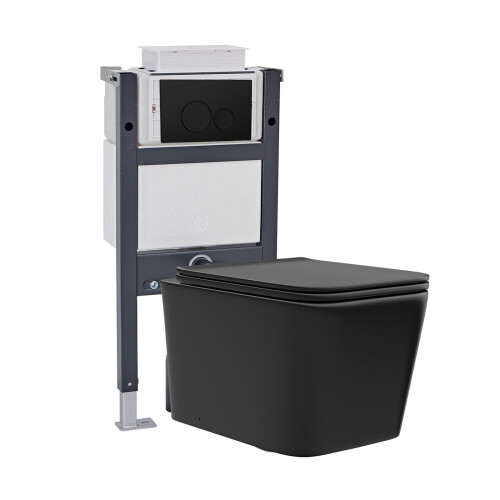 NES Home Nes Home Wall Hung Square Rimless Black Toilet, Cistern Frame Round Button