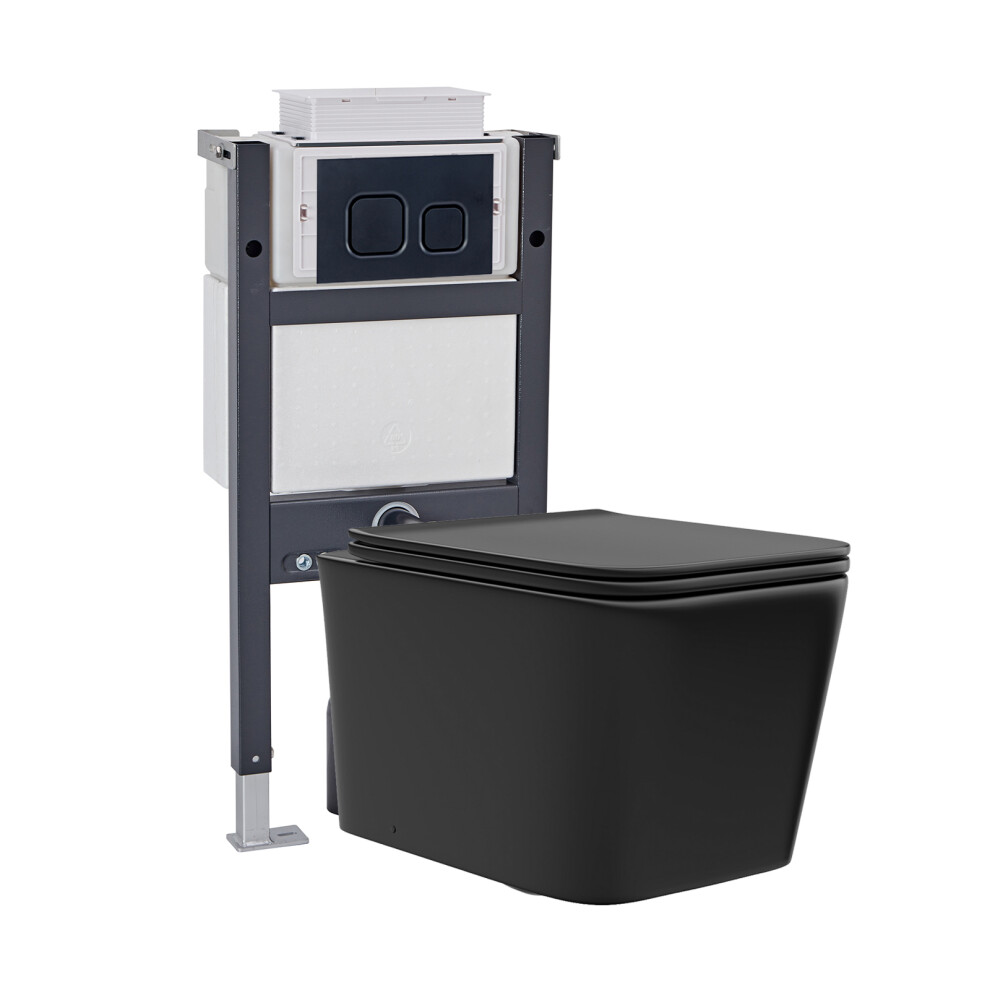 Nes Home Wall Hung Square Rimless Toilet, Cistern Frame Square Button Black