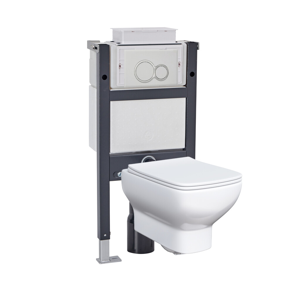 Nes Home Wall Hung Rimless Toilet, Cistern Frame Matte Chrome Button