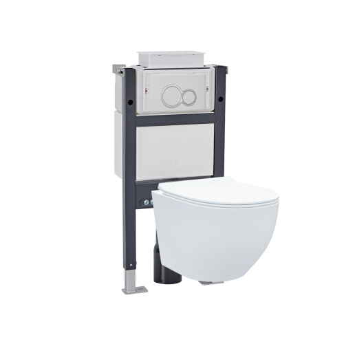 NES Home Nes Home Wall Hung Round Rimless Toilet, Cistern Frame Matte Chrome Button